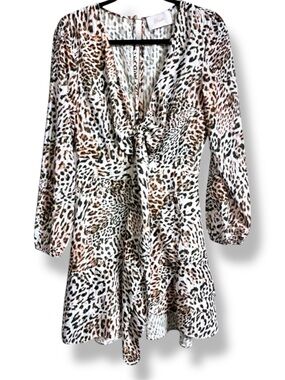 🐆 Blush Boutique Leopard Print Long Sleeve Mini Dress Size L tie front